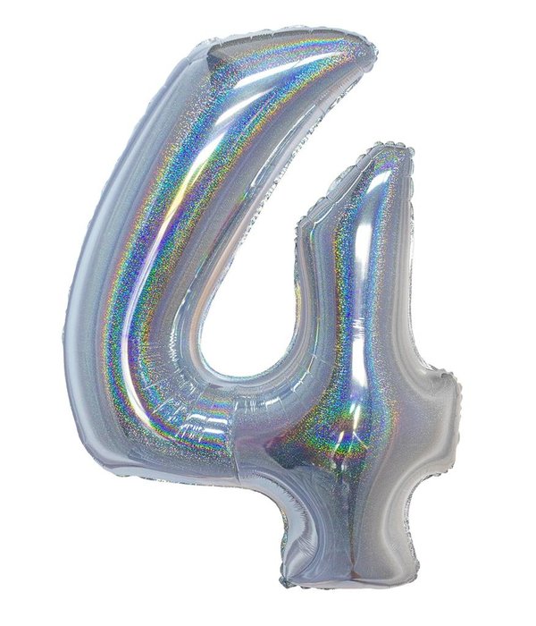 Folieballon Holografisch Zilver Cijfer '4' - 102cm