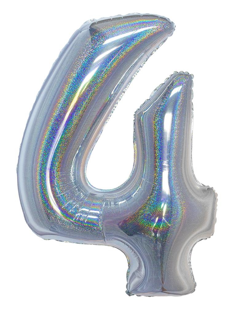 Folieballon Holografisch Zilver Cijfer &apos;4&apos; - 102cm afbeelding
