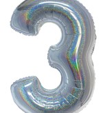 Folieballon Holografisch Zilver Cijfer '3' - 102cm