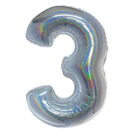Folieballon Holografisch Zilver Cijfer '3' - 102cm