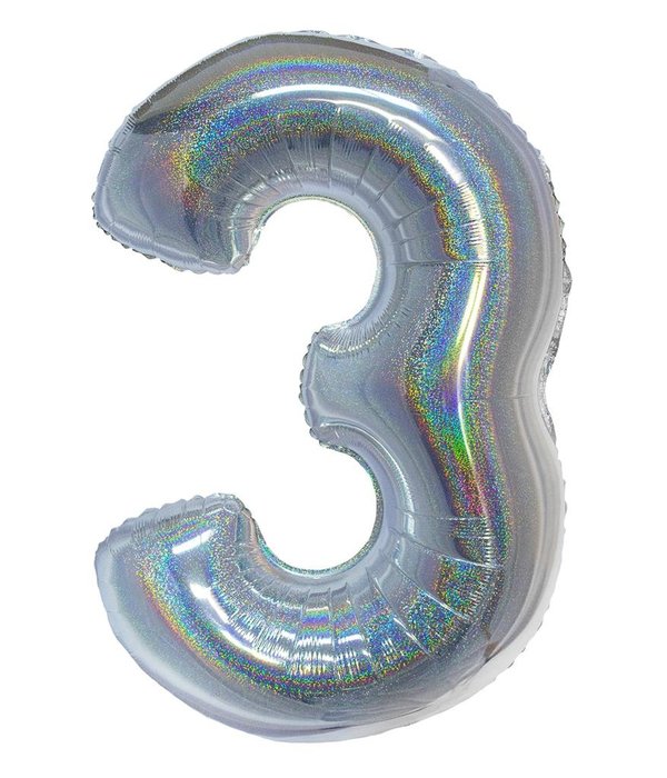 Folieballon Holografisch Zilver Cijfer '3' - 102cm