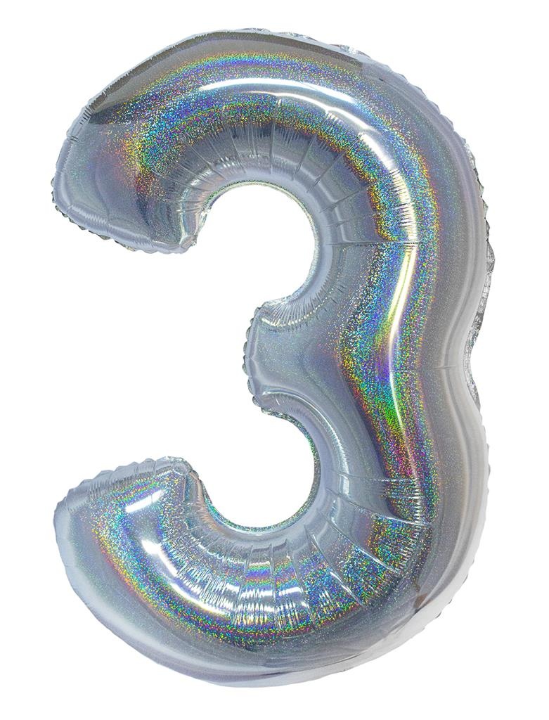 Folieballon Holografisch Zilver Cijfer &apos;3&apos; - 102cm afbeelding