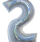 Folieballon Holografisch Zilver Cijfer '2' - 102cm