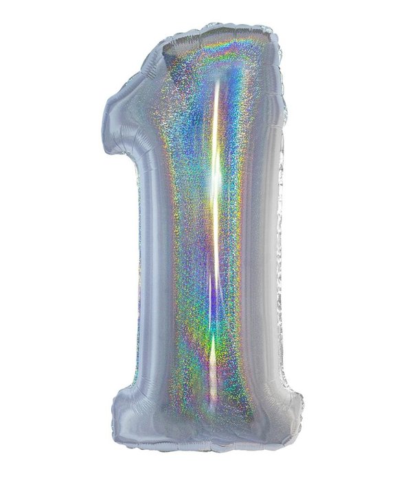 Folieballon Holografisch Zilver Cijfer '1' - 102cm