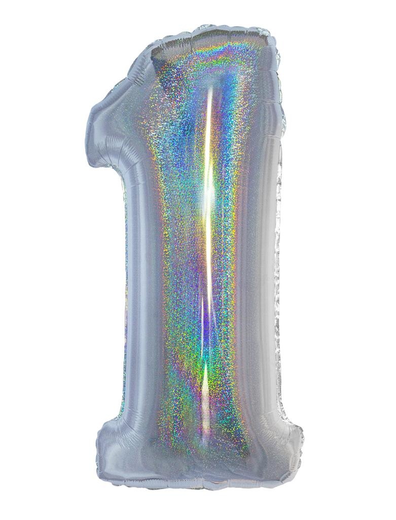 Folieballon Holografisch Zilver Cijfer &apos;1&apos; - 102cm afbeelding