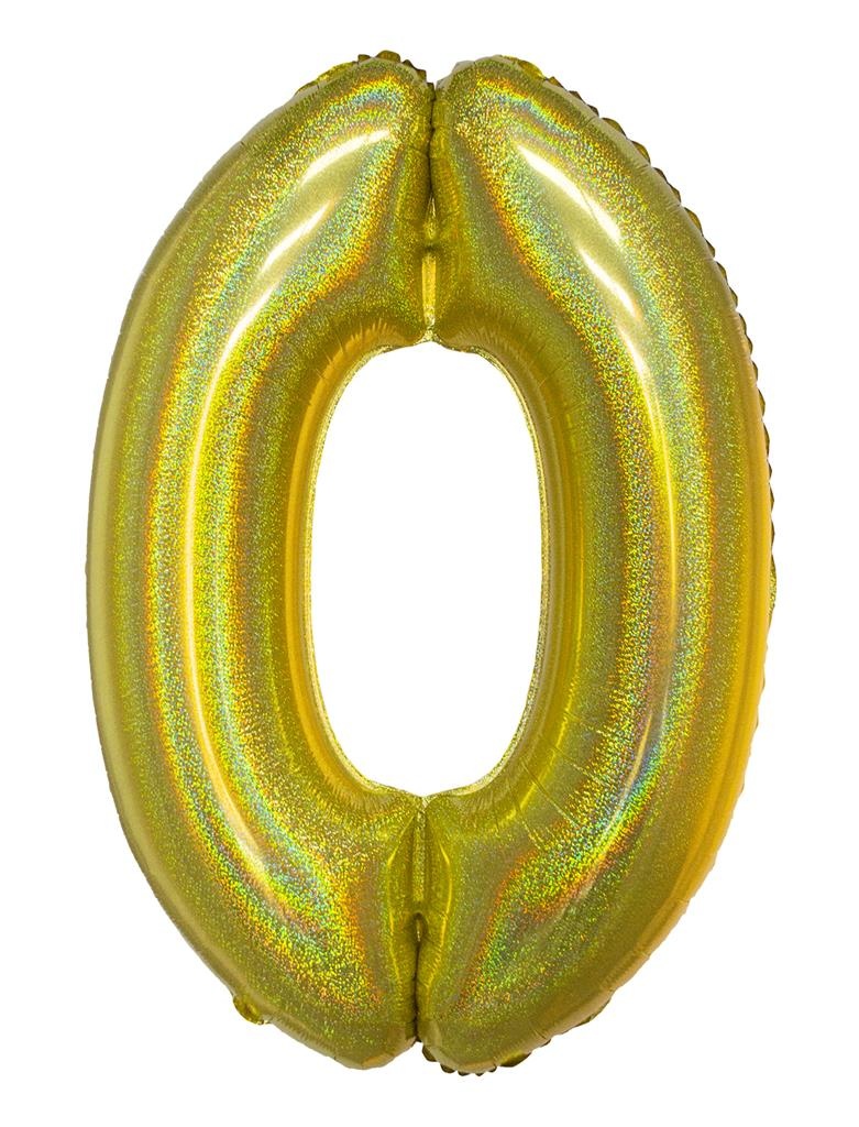 Folieballon Holografisch Goud Cijfer &apos;0&apos; - 102cm afbeelding