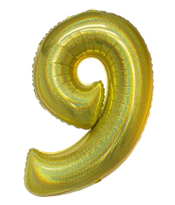 Folieballon Holografisch Goud Cijfer '9' - 102cm
