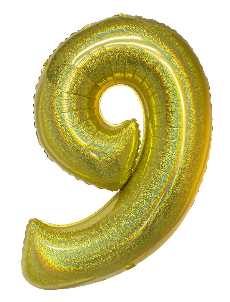 Folieballon Holografisch Goud Cijfer &apos;9&apos; - 102cm afbeelding
