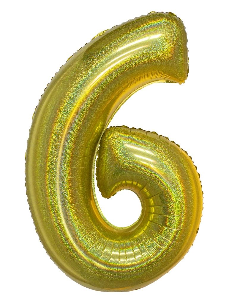 Folieballon Holografisch Goud Cijfer &apos;6&apos; - 102cm afbeelding