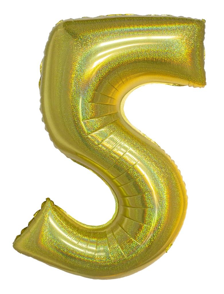 Folieballon Holografisch Goud Cijfer &apos;5&apos; - 102cm afbeelding