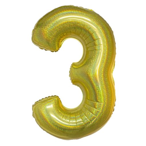 Folieballon Holografisch Goud Cijfer '3' - 102cm