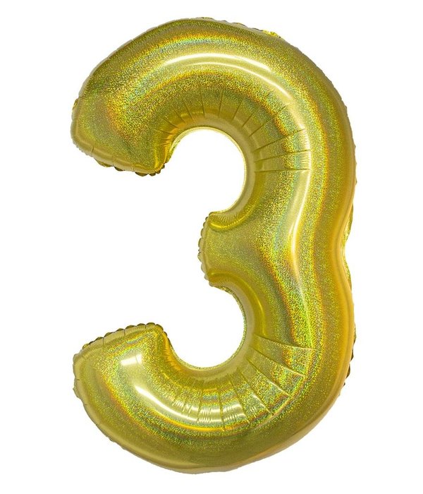 Folieballon Holografisch Goud Cijfer &#039;3&#039; - 102cm