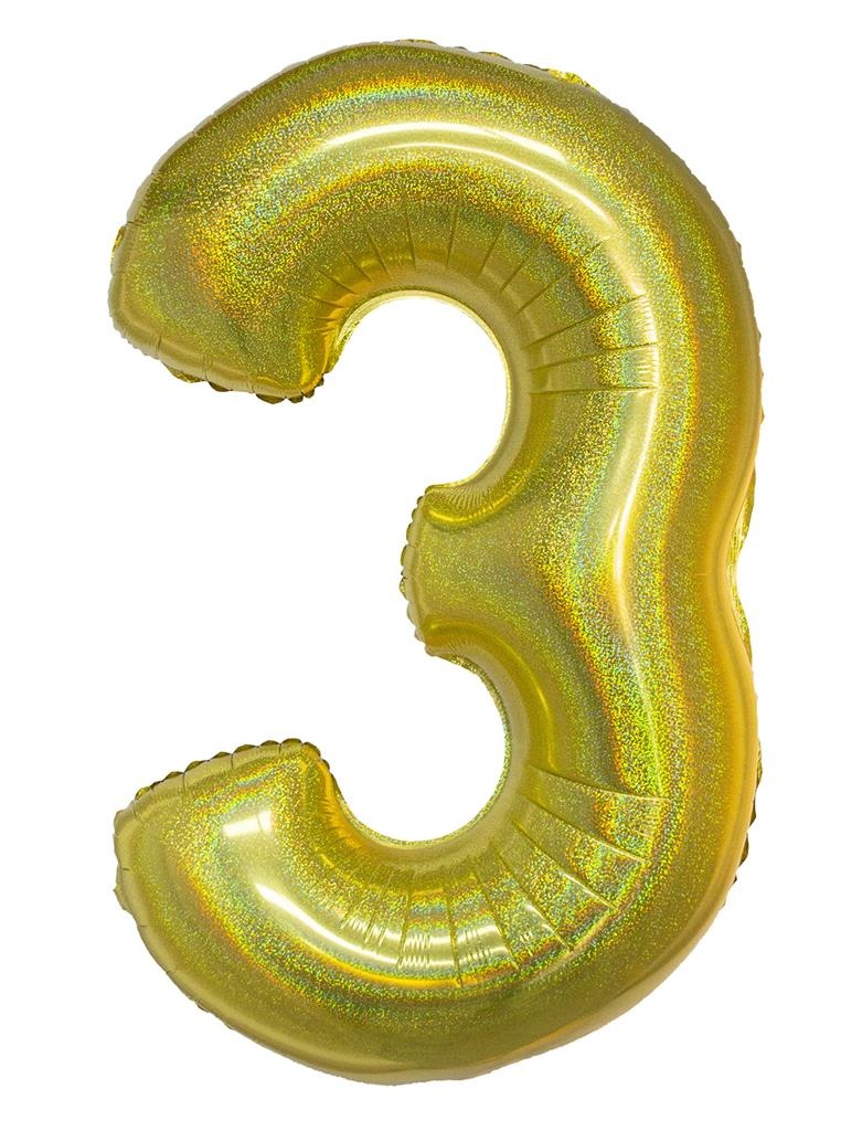 Folieballon Holografisch Goud Cijfer &apos;3&apos; - 102cm afbeelding