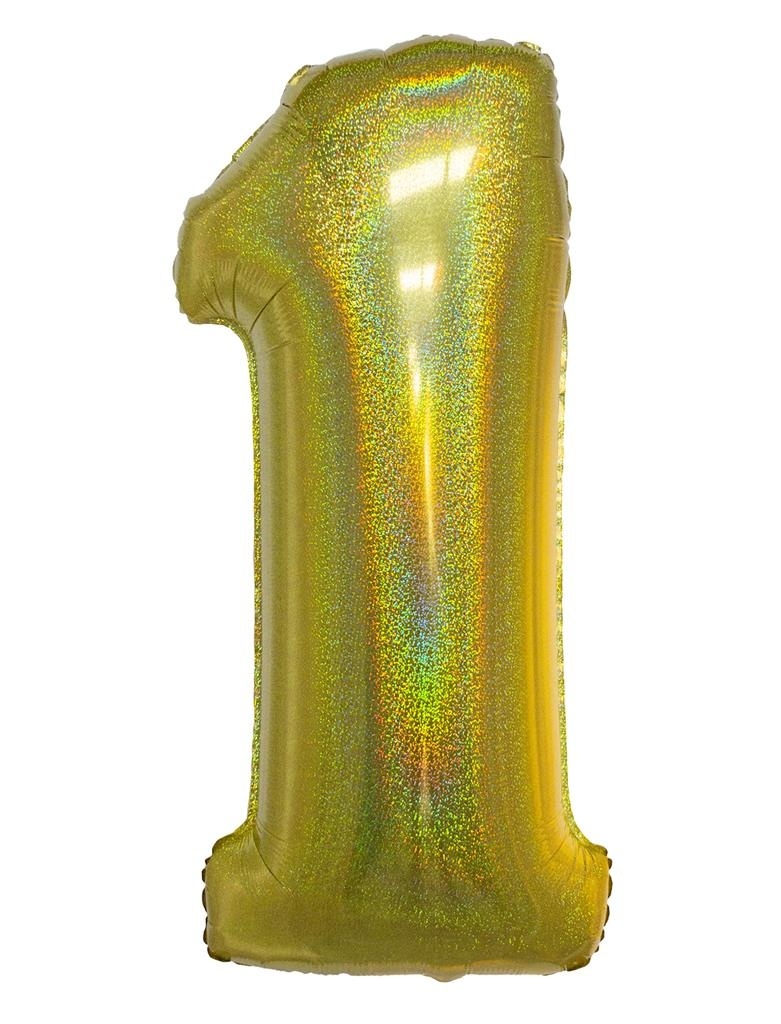 Folieballon Holografisch Goud Cijfer &apos;1&apos; - 102cm afbeelding
