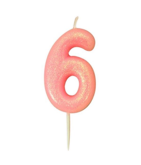 Nummerkaars '6' Glitter Roze