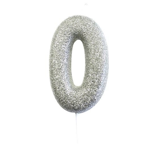 Nummerkaars &apos;0&apos; Glitter Zilver afbeelding