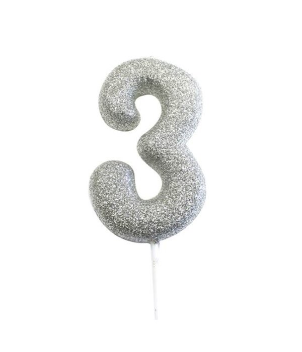 Nummerkaars '3' Glitter Zilver