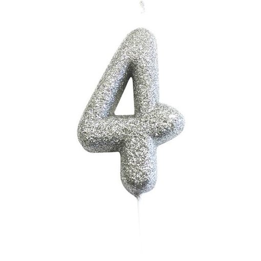 Nummerkaars '4' Glitter Zilver
