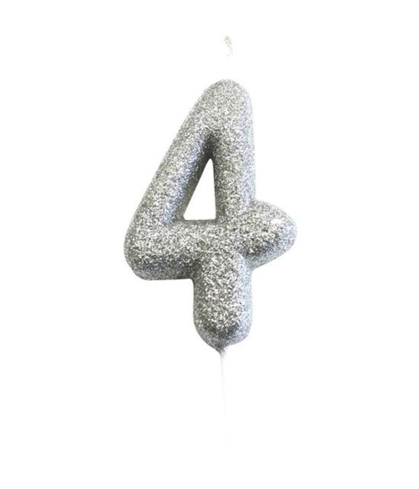 Nummerkaars '4' Glitter Zilver