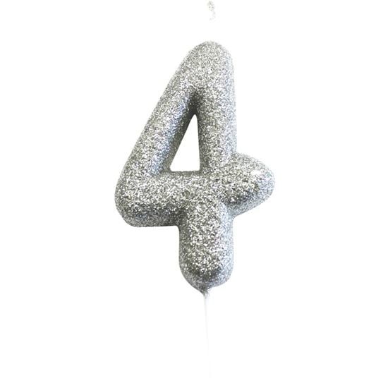 Nummerkaars &apos;4&apos; Glitter Zilver