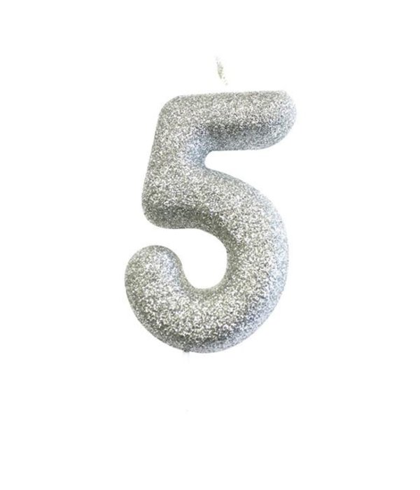 Nummerkaars '5' Glitter Zilver