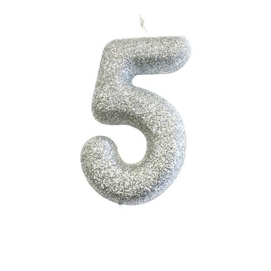 Nummerkaars &apos;5&apos; Glitter Zilver