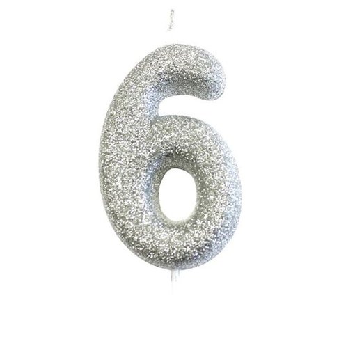 Nummerkaars '6' Glitter Zilver