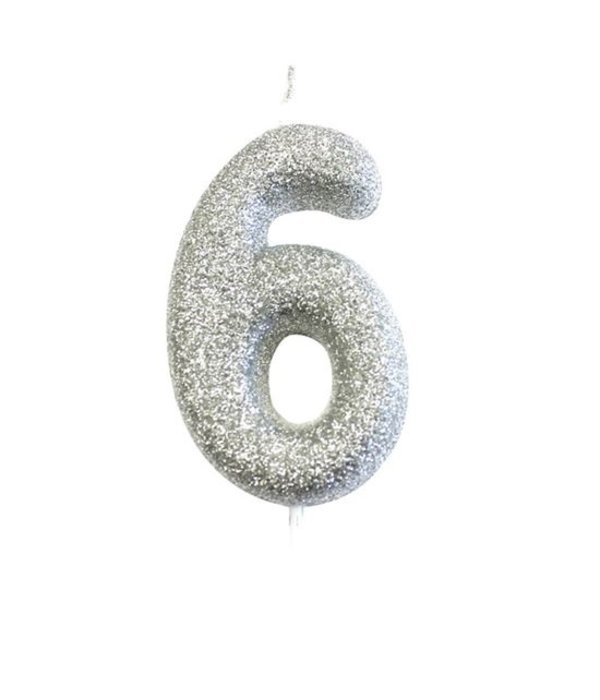 Nummerkaars '6' Glitter Zilver