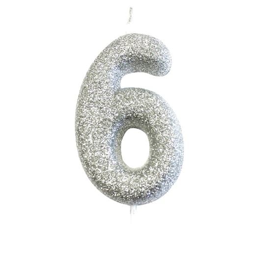 Nummerkaars &apos;6&apos; Glitter Zilver