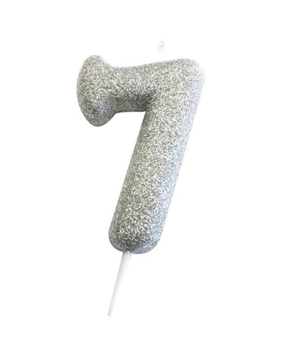 Nummerkaars '7' Glitter Zilver