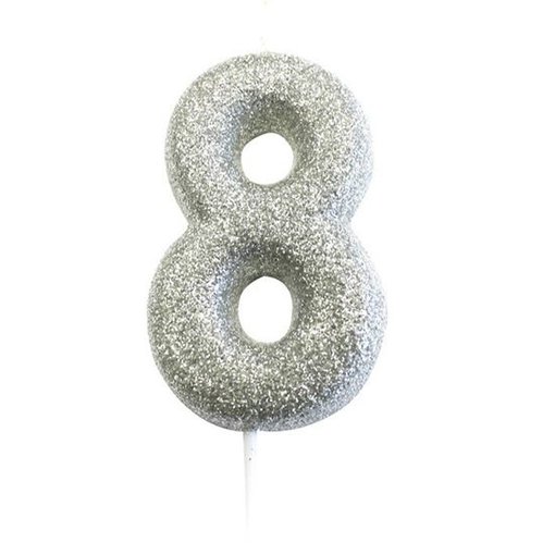 Nummerkaars '8' Glitter Zilver