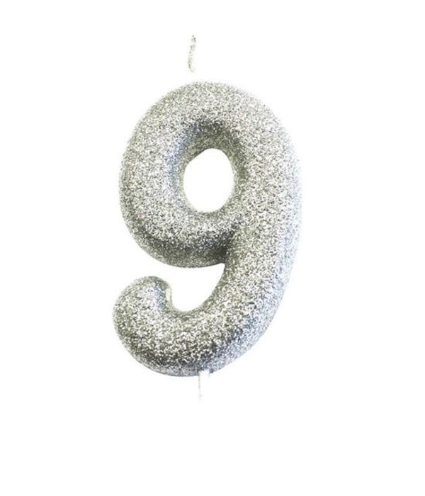 Nummerkaars '9' Glitter Zilver