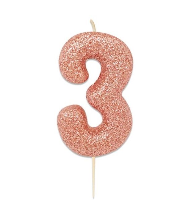 Nummerkaars '3' Glitter Roségoud