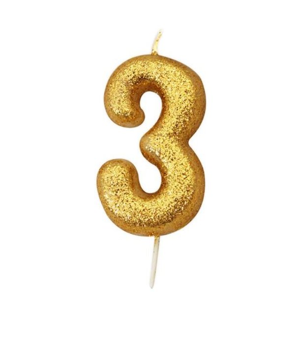 Nummerkaars '3' Glittergoud