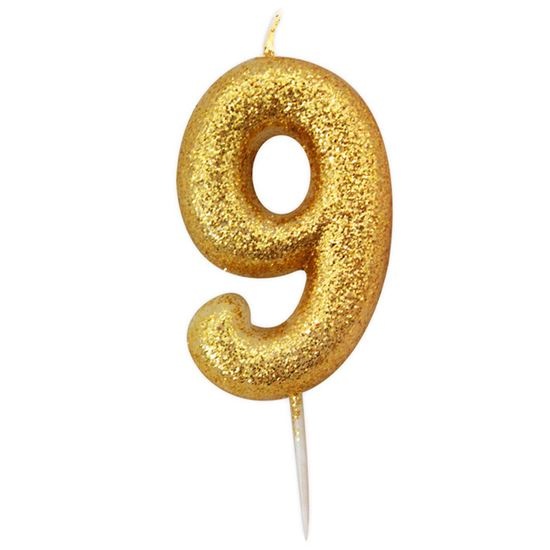 Nummerkaars &apos;9&apos; Glittergoud afbeelding
