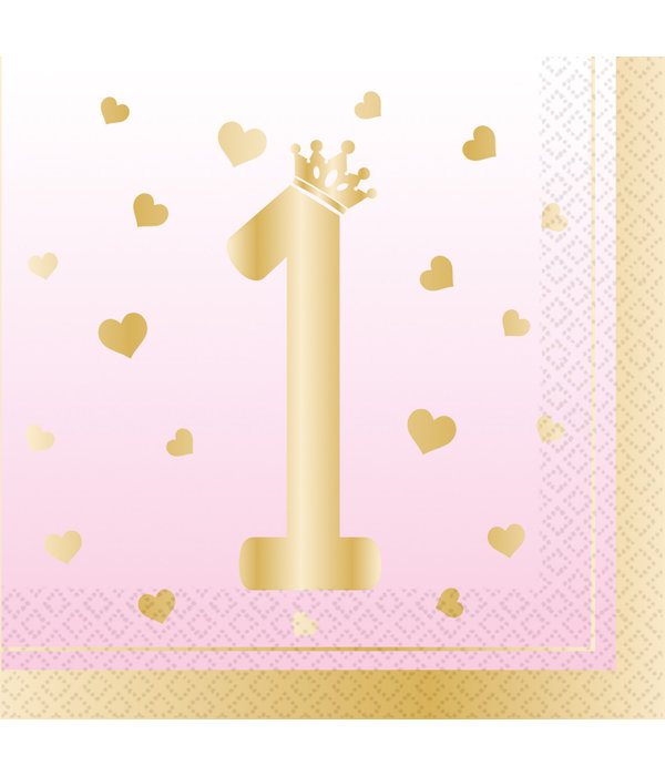 Roze Servetten Verjaardag 1 Jaar Hartjes (16st)