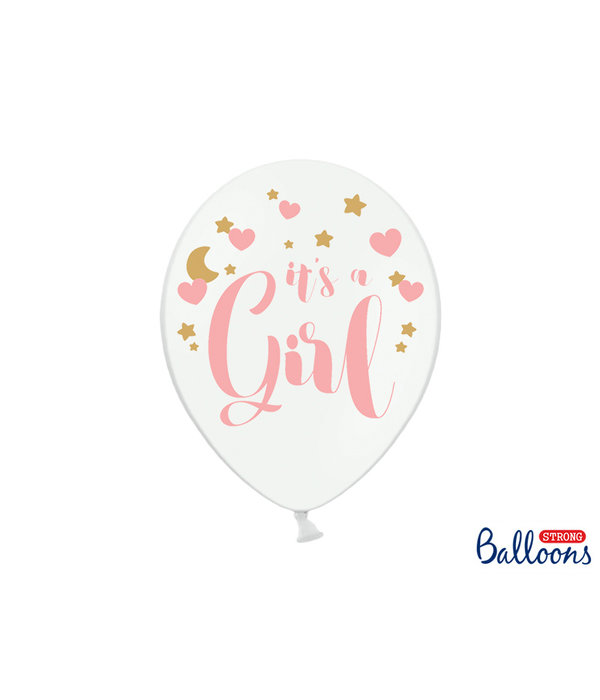 Pastel Puur Witte Ballonnen It's A Girl Pink/Goud (6st)
