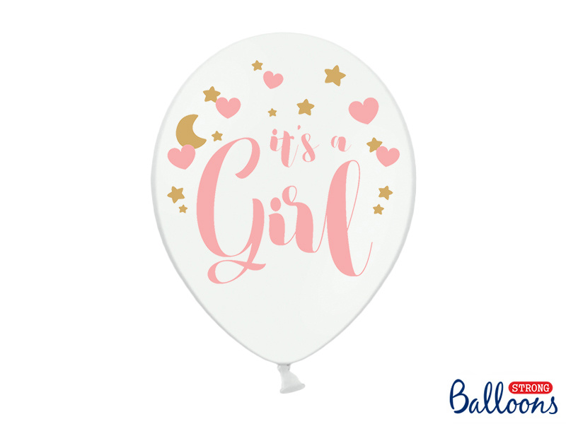 Pastel Puur Witte Ballonnen It&apos;s A Girl Pink/Goud (6st) afbeelding