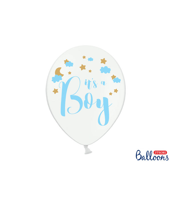 Pastel Puur Witte Ballonnen It's A Boy Blauw/Goud (6st)