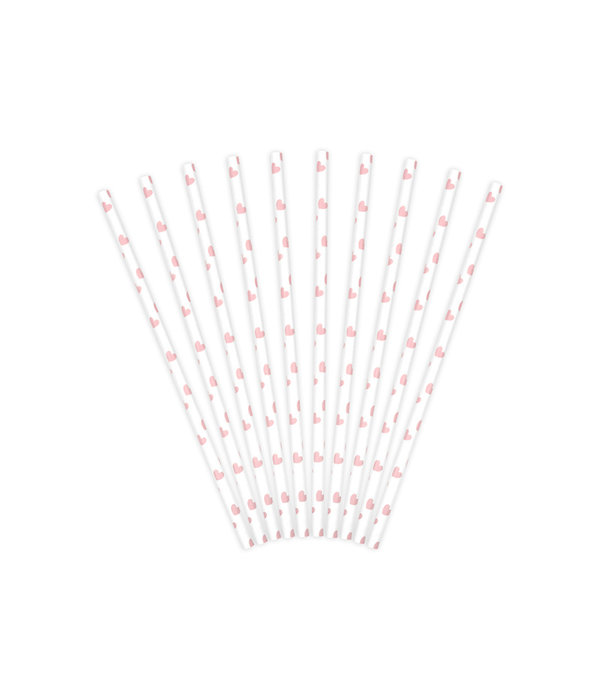 Papieren rietjes Lichtroze hartjes (10st)