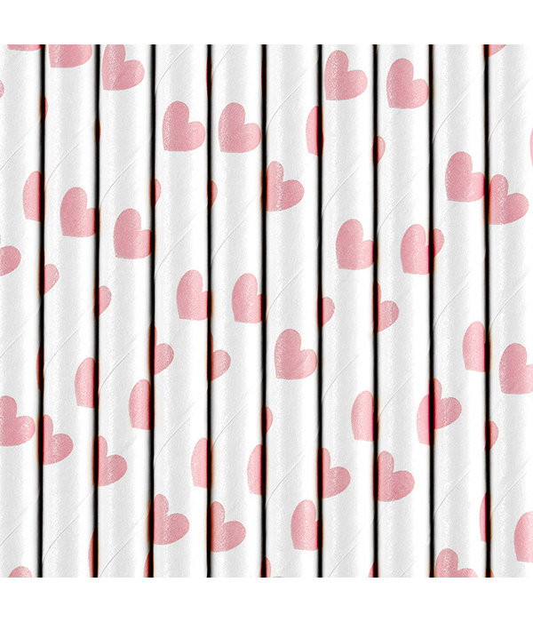 Papieren rietjes Lichtroze hartjes (10st)