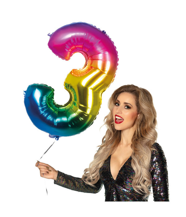 Folieballon Regenboog Cijfer 3 (86cm)
