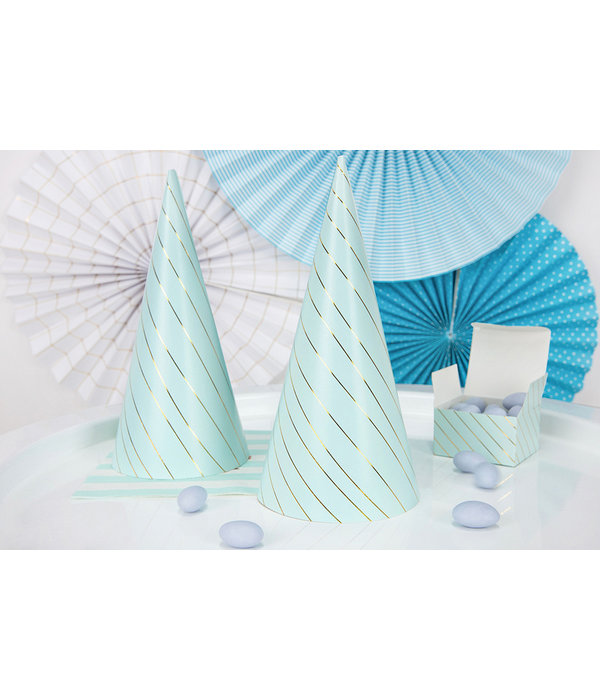 Partyhoedjes Lichtblauw Met Gouden Strepen (6st)