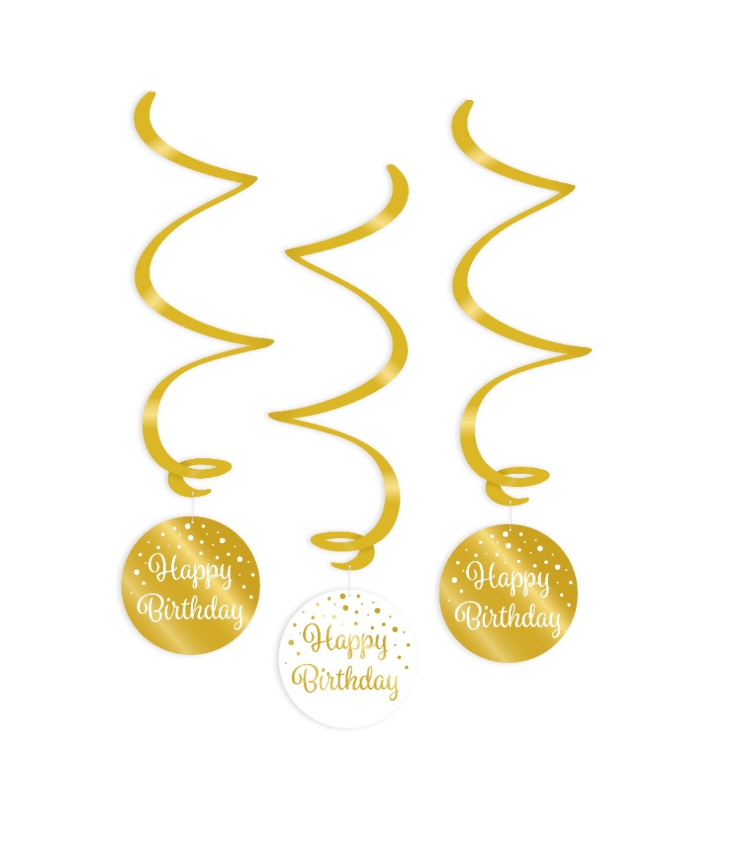 Hangdecoratie Swirls Happy Birthday Goud/Wit (3st) afbeelding