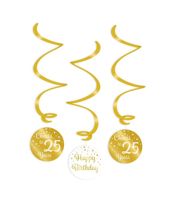 Hangdecoratie Swirls 25 Jaar Goud/Wit (3st)