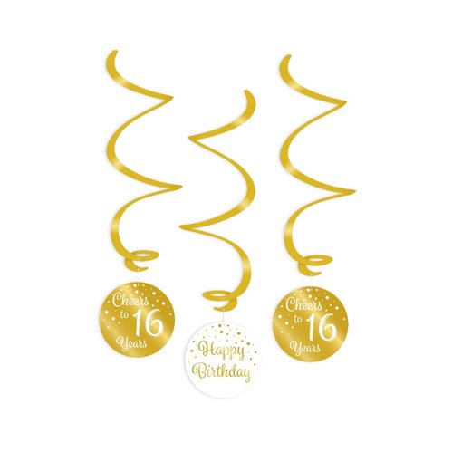 Hangdecoratie Swirls 16 Jaar Goud/Wit (3st)