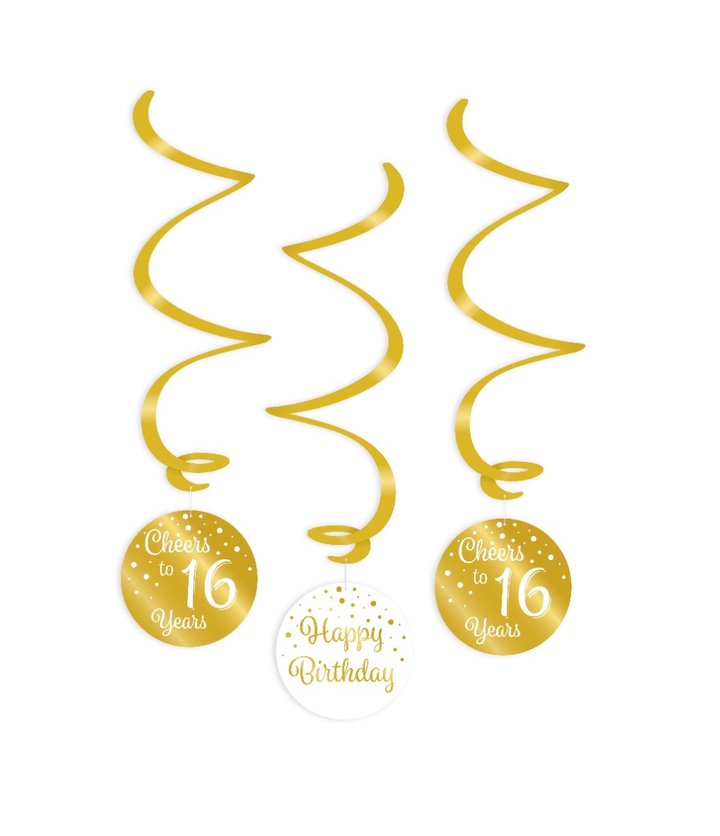 Hangdecoratie Swirls 16 Jaar Goud/Wit (3st) afbeelding