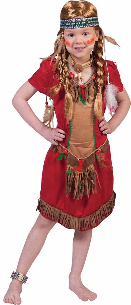 Funny Fashion - Indiaan Kostuum - Red Hawk - Meisje - rood - Maat 104 - Carnavalskleding - Verkleedkleding