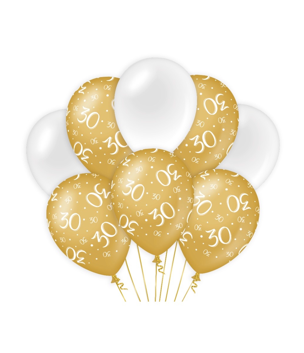 Ballonnen 30 Jaar Goud/Wit (8st) afbeelding