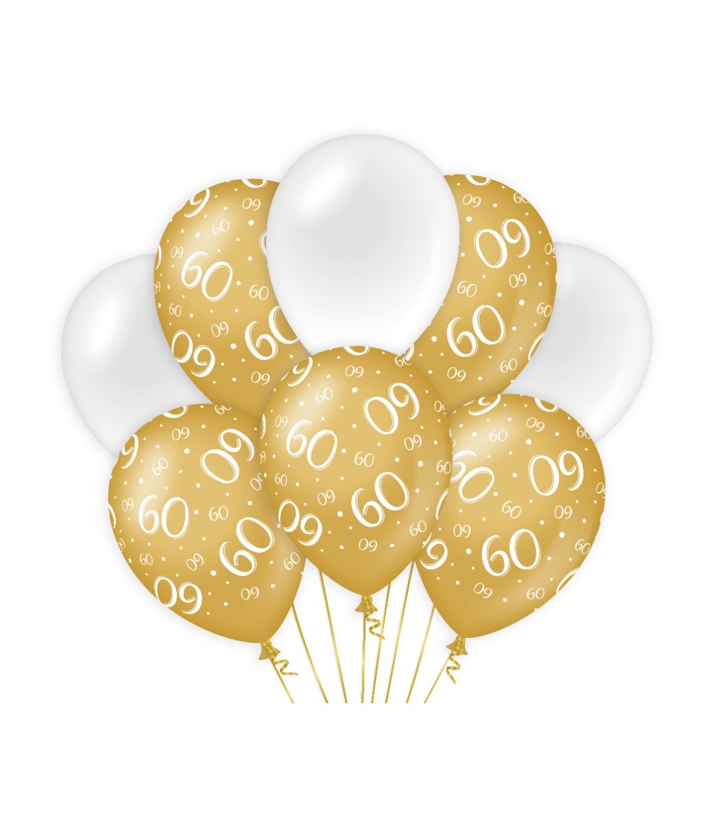 Ballonnen 60 Jaar Goud/Wit (8st) afbeelding